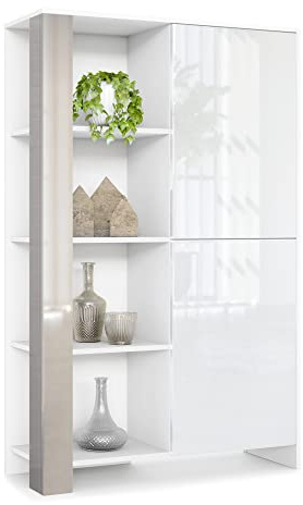 Vladon Highboard Canto, Made in Germany, hoher Schrank mit 2 Türen und 8 Fächern, Korpus Weiß matt, Fronten Weiß Hochglanz, Dekor-Paneele Sandgrau Hochglanz (95 x 151,5 x 36 cm)