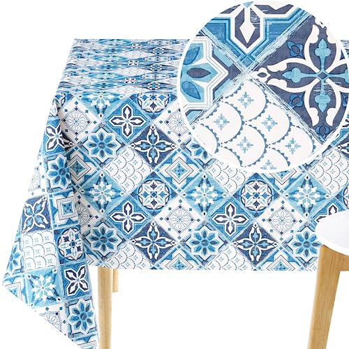 KP HOME Vaxduk Rektangulär 300x140cm, Bordsduk i PVC som kan tvättas, Lätt att rengöra, Vattentät köksduk, Trädgårdsduk i vinyl, Mönster Kakel Lissabon Azuléjos Portugisiska 10 Platser