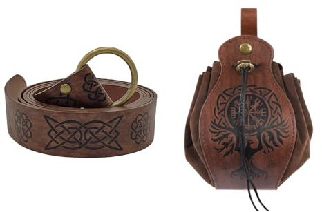 Medieval Vikingo Cinturón de cuero de imitación Bolsa Set,Renacimiento en relieve Caballero Cinturón Dados Bolsa de cordón,LARP Cosplay Halloween Accesorios para Hombres Mujeres (Estilo 3)