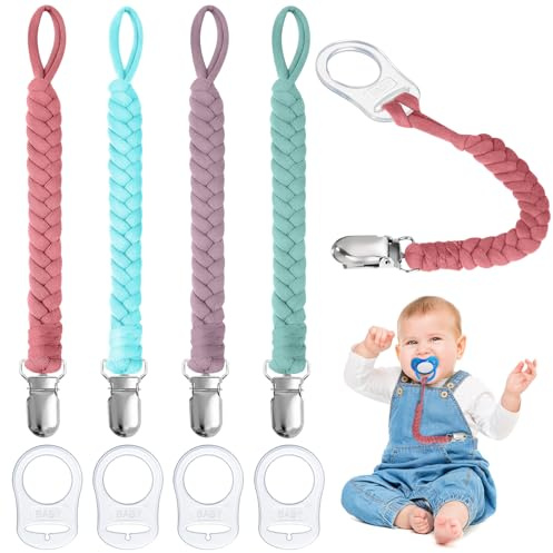 Aolso Catenella Portaciuccio, 4 Pezzi Catenella Ciuccio con 4 Pezzi Anello Adattatore Clip, Stile intrecciato Catena per Ciuccio in Cotone, per Regalo Nascita Battesimo Baby Compleanno Natale-Viola