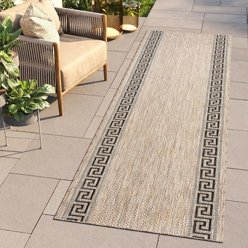 TAPISO Melissa Teppich Läufer Flur Outdoor Indoor Braun Schwarz Griechisch Mäander UV-beständig Wetterfest Terrasse Wohnzimme ÖKO-TEX 100 x 300 cm