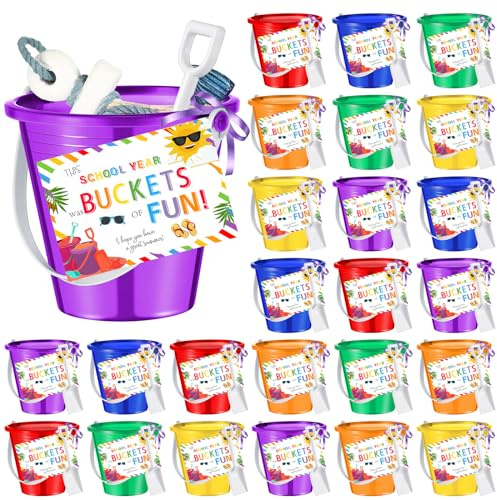 Gemscream 24 Sets End of Year Student Gifts 5'' Sand Bucket with Beach Pails Postcards Ribbons for Summer Vacation Plastic Buckets Fun Water Bucket Summer Party Accessory for Pool Outdoor, 6 Colors