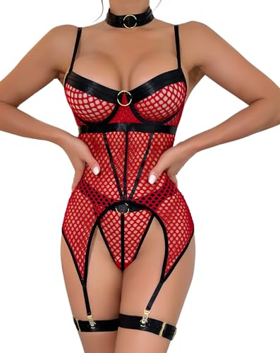 EVELIFE Conjuntos de Lencería para Mujeres Body de Red Sexy con Medias Largas Muslo Gargantilla Ropa Interior Camisetas Sin Medias, rojo, L