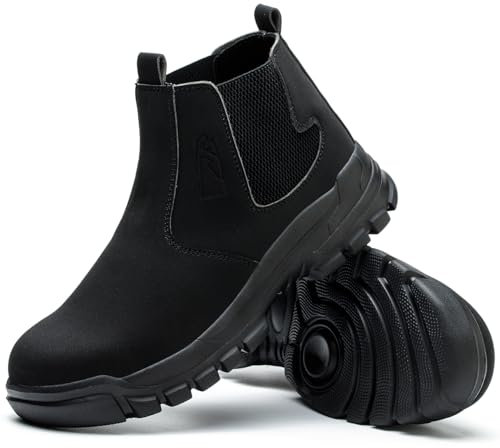 Micoklinlin Zapatos de trabajo para mujer, impermeables, sin cordones, botas de seguridad para soldador, botas Chelsea resistentes a golpes y pinchazos, Negro , 39 EU