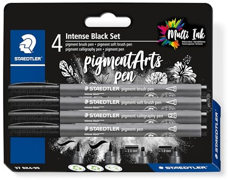 STAEDTLER - PIGMENT ART - Pen 37 - Blister 4 feutres noirs - Pointe pinceau + Pointe pinceau soft + Pointe calligraphie + Pointe ogive - 37 BK4-99