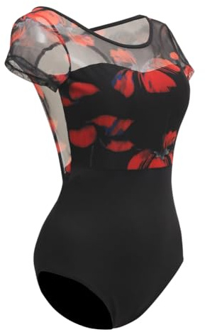 ROYAL SMEELA Tryckt baletttrikåer för kvinnor kortärmad trikåer för balettdans damer gymnastik bodysuit vuxen mesh balettdans trikåer kvinna tryck dans trikåer rygglös ballerinaskleotard, Röd, XL