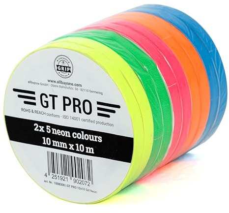 GRIP GT PRO Neon Set - Gewebeklebeband in den Farben Neongelb, Neongrün, Neonorange, Neonpink, Neonblau (10)