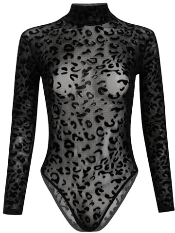 ABEHIK Durchsichtiges Oberteil Damen Sexy Rave Body f�r Musikfestival Hochgeschlossener Disco Party Outfit Pole Dance Nezt Blusebody T-Shirt schwarz Leopard S
