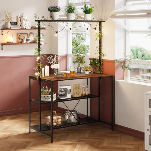 Breakfast Bar Table Dining Table with Shelves Kitchen Storage Baker Rack Free Standing for Home Bar Kitchen Island Dining Room Living Room with Large Table Top, Metal Frame Bracket, Hooks, Brown