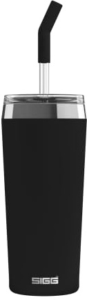 SIGG - Isolierbecher - Travel Mug Helia Peaceful Black - Mit wiederverwendbarem Glastrinkhalm & Reinigungsbürste - Auslaufsicher - BPA-frei - 18/8-Edelstahl - Black - 0,6L