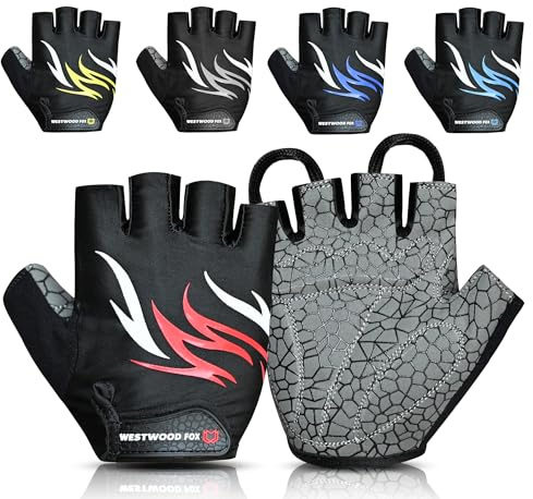 WESTWOOD FOX Guanti da ciclismo per uomini donne-Anti-scivolo Guanti da bicicletta imbottiti a mezzo dito, traspiranti, leggeri, ammortizzanti, comodi guanti da ciclismo MTB BMX Road. (Rosso, M)