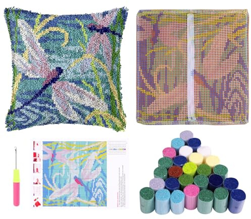 Alongen Latch Hook Pillow Kit, DIY Cushion Cover Embroidery Set with Pre-Printed Canvas, 43x43cm Latch Hook Crochet Kit for Adults and Beginners, Decorative Sofa Throw Pillow Case