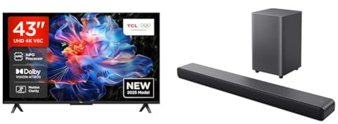 TCL 43V6C 43 Zoll 4K UHD Fernseher – HDR10+, HVA-Panel, Dolby Vision, Google TV S55HE 2.1-Kanal Dolby Atmos Soundbar, 220 W