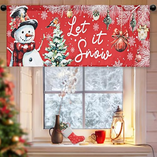 ArtisticHome Weihnachtliche Fenstergardine Let it Snow, Rot mit Schneemann Motiv, Dekoratives Winterdesign für Fenster, 45x150 cm