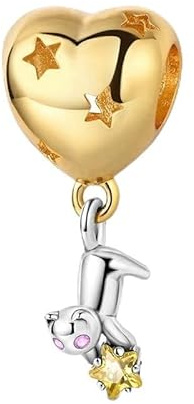 925 Sterling Silber Katze-und-Stern Anhänger-Charm für Pandora Armband, vergoldeter Herz-Charm