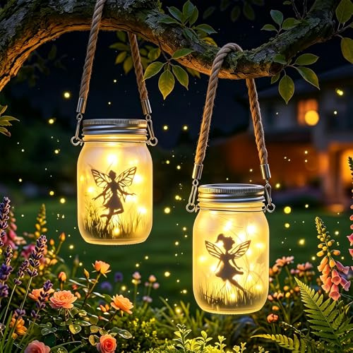 2 Piezas Farolillos Solares Exterior, Impermeable IP65, Linterna solar de Botella de Cristal de Hadas, Lampara Solar Exterior Jardin, Farol Solar Colgante para Patio Césped Decoración (Blanco Cálido)