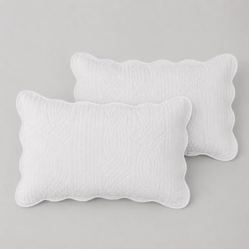 Lot de 2 Taies d'oreiller Matelassées 100% Coton, Bord Festonné, Fermeture à Nouettes, Blanc, Style Maison Française (50x70cm x2)