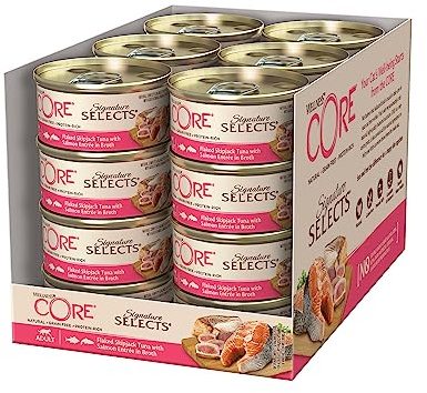 Wellness CORE Signature Selects 24 x 79g, Tonno/Salmone Sminuzzati – Fettine per Gatti Adulti, Senza cereali, Naturale, Ipoallergenico, Ricco di Proteine, Alto Contenuto di Pesce,