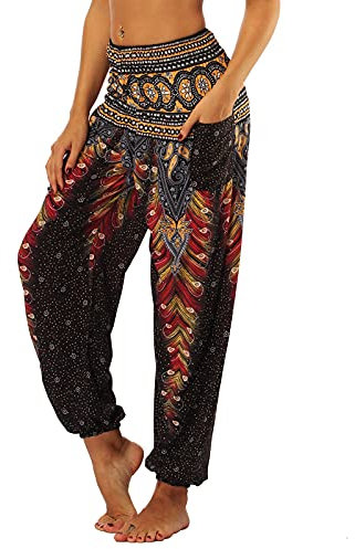 Nuofengkudu Frau Hippie Harems Hose Pumphose Haremshose Aladdinhosen Boho Gemustert Gesmockte Taille mit Taschen Yogahose Freizeithose Sommerhose Strandhose,Schwarz Pfau