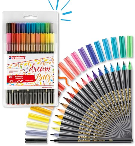 edding 1340 Pennarelli – Set da 20 pezzi – Colori vivaci e delicati – Punta flessibile – Pennarelli per dipingere, scrivere e disegnare – Bullet Journals, lettering a mano, mandala, calligrafia
