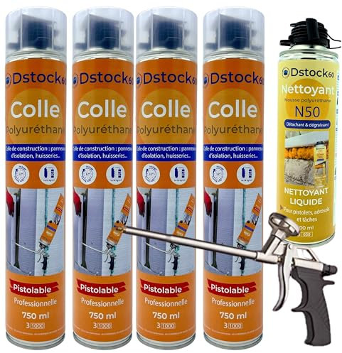 DSTOCK60 - Lot de 4 colles de montage polyuréthane + 1 pistolet + 1 nettoyant mousse - Mousse polyuréthane faiblement expansive pour le collage des panneaux isolants, rouleaux de bitume, huisseries