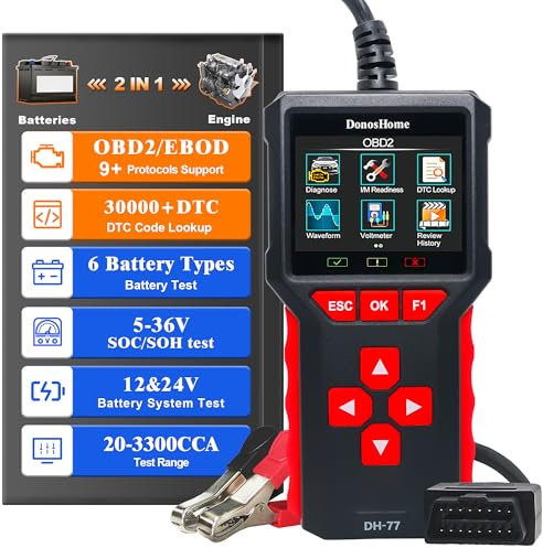 DonosHome DH77 2 in 1 Tester per Batteria Auto 5-36V 20-3300CCA + OBD2 Auto Diagnostica Schermo a colori 3,2, Lettore Codici Guasti Motore, Controllo SMOG, DTC, Voltmetro,per Auto, Moto, Camion