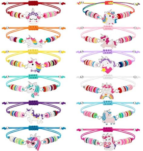 Soleebee 12 Bracciali dell'Amicizia Regolabili per Bambini, Intrecciati Con Perline Colorate - Set di Gioielli Come Regalo per Ragazze, Pensierini di Compleanno (Unicorno)