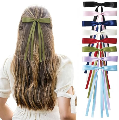 8 Pcs Hair Ribbon Colorful Hair Bows for Women Barrettes Clips with Long Tail Bow Hair Clips for Girls Hair Accessories