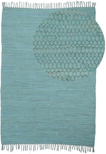 carpetfine Flickenteppich Kelim Chindi Uni Türkis 90x160 cm, handgewebt | Fleckerlteppich aus Baumwolle für Wohnzimmermit Fransen