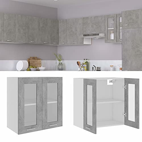 JUDYY Armario Colgante, Armario Cocina, Vitrina Pared, Muebles Cocina, Armario Baño Pared, Armario Multiusos, Cristal y aglomerado Gris hormigón 60x31x60 cm