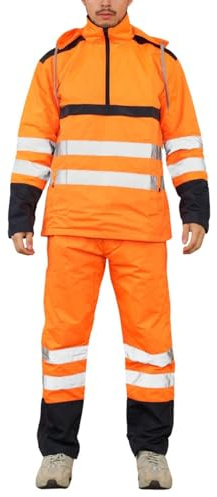 Men Hi Vis Rain Suit Reflective Tape High Visibility Waterproof Two Piece Hooded Set Orange L