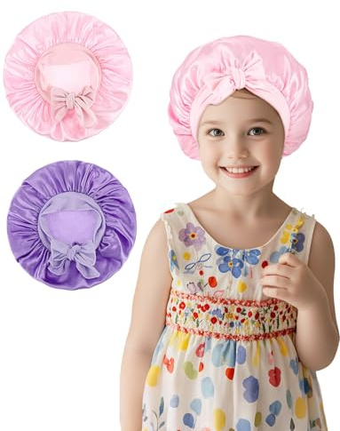 GUIGA 2 Bonnet Bonnet Satin Cheveux Nuit, Satin Bonnet de Sommeil Elastique a Large Bande pour Dormir Bonnet Chapeau de Nuit pour Filles garçons (Rose + Violet)
