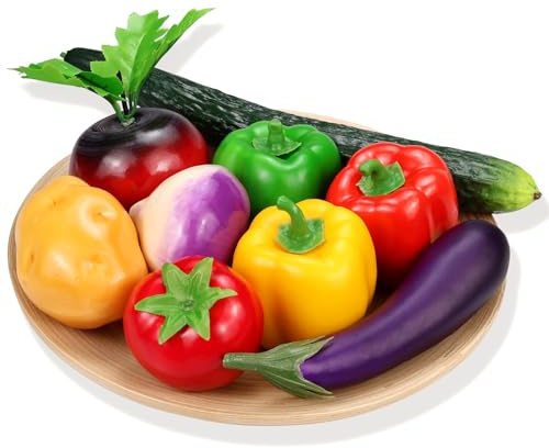 Lorigun 9 Pcs Verduras Falsas Decoración Artificial, Verduras de imitación realistas para la Cocina, Fotografía Atrezzo Falsos Pimientos Patatas Tomate Berenjena