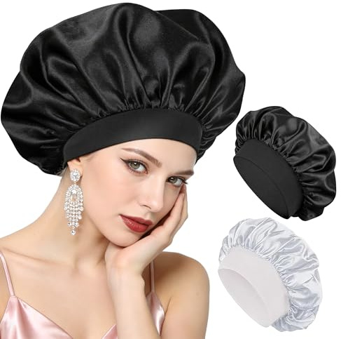 Bonnet Satin Cheveux Nuit, Lot de 2 Bonnets en Satin, Bonnet Soie Cheveux Nuit, Charlotte Cheveux pour Cheveux Bouclés et Lisses, Bonnets Doux Anti-frisottis - Noir + Argent + 2 élastiques