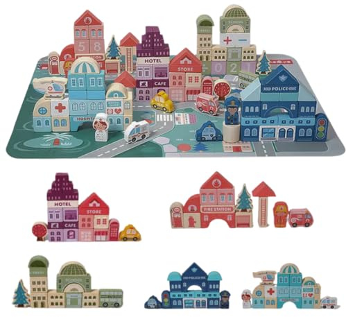 Lucknel Montessori Juego de bloques de construcción de madera, 120 piezas coloridas de ciudad, para niños a partir de 3 años, con alfombra de juego de rompecabezas, cubo de almacenamiento y bolsa de