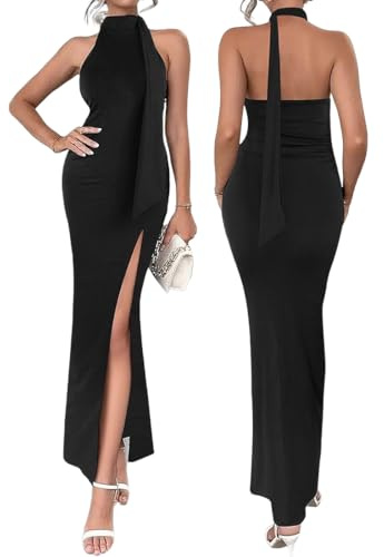 Gkaopi Robe de Soirée Femme Sexy sans Manches Col Halter Maxi Robe Chic et Elegant Dos Nu Fendue Longue Robes de Fête D'éte Slim Bodycon Robes de Gala pour Party Clubbing Cocktail
