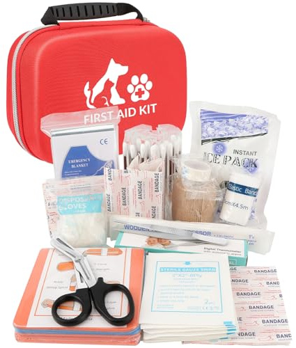 AOBOPLE Kit de premiers secours 84 pièces pour chien et chat, pharmacie de voyage pour chien et animaux de compagnie, kit de premiers secours pour les soins à la maison et pour les urgences lors de