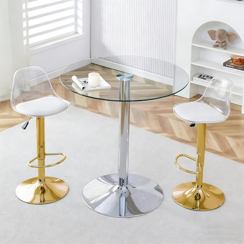 Set de Bar Con Vidrio y Metal,Mesa Redonda de Cristal Transparente y 2 Taburetes Regulables y Giratorios 360°,Mesa Alta y Taburetes,Adecuado para Cocina Bar Oficina,Dorado Plata Transparente,Set de 3