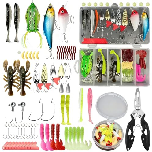 158 Pezzi Kit di Esche da Pesca con Esche Artificiali in Plastica Morbida e Cucchiaini Lnclude Una Custodia Set di Esche da Pesca Misti Universali per Persici Trote e Salmoni