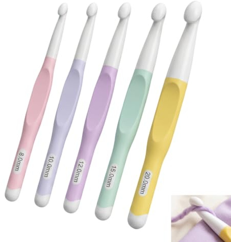 5 Pièces Crochet Grande Taille 8 mm 10 mm 12 mm 15 mm 20 mm, Aiguilles Crochet Épais TPR Ergonomique en Aiguille Plastique Léger pour Laine Épaisse Tapis Couverture Écharpe, Idéal Débutant