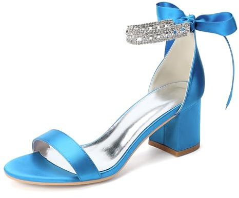 HFWXYSA Sandales À Talon Épais pour Femmes en Satin avec Orteil Ouvert Et Strass,Sky Blue,40 EU