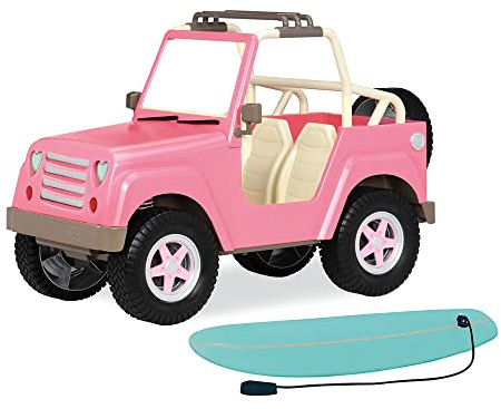 Our Generation Off Roader, véhicule Tout-Terrain Rose pour poupées | Véhicule tout-terrain rose pour poupées de 46 cm avec porte-surf amovible et planche de surf, Jeu compatible, 5 ans et +