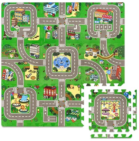 Sorbus Traffic Play mat Puzzle Foam Interlocking Tiles – Kids Road Traffic Play Rug - Children Educational Playmat Rug - Great for Playing with Toy Cars Trucks (9 Tiles with Borders)