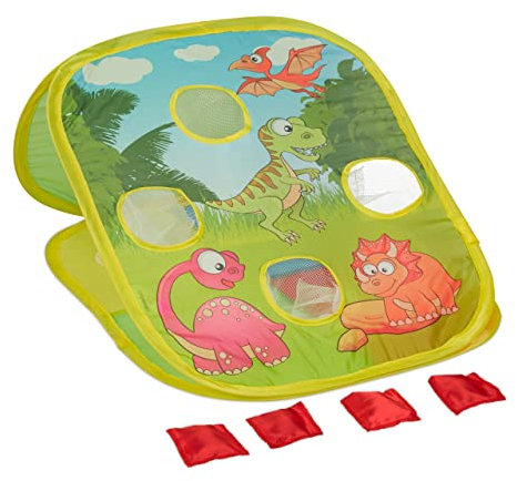 Relaxdays Sackloch Spiel, Dinomotive, Pop Up Wurfspiel, für Kinder, drinnen & draußen, Cornhole Spiel, 4 Säckchen, bunt