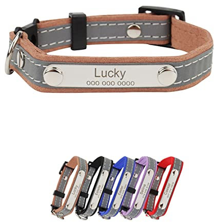 Personalised Leather Dog Collar with Name Plate, Custom Dog Collar Pet ID Tag with Name and Phone Number, Reflective Adjustable Puppy Collars with D-Ring for Small Medium Large Dogs(Coffee)