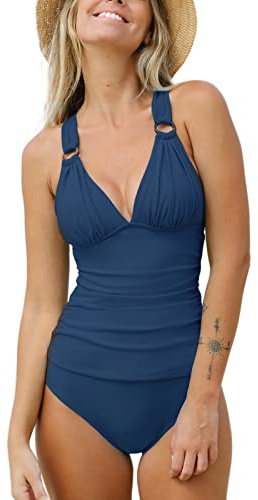 CUPSHE Traje de baño tankini para mujer, cuello en V, fruncido, de dos piezas, con junta tórica, espalda cruzada, tiro medio, Azul oscuro, Large