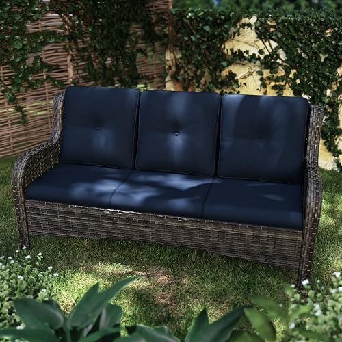 MeetLeisure 73'' Outdoor Patio Couch Wicker Sofa - 3 Seater Rattan Sofa for Outside Patio Garden with Deep Seating and Olefin Cushions(Mixed Grey/Blue)