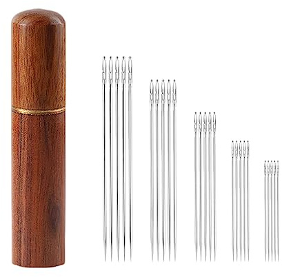 Dinghaole 25pcs Stainless Steel Easy Threading Sewing Needles - Self Threading Needles Large Eye Embroidery Hand Needles with Wooden Needle case Case Sewing Projects (5 Sizes)