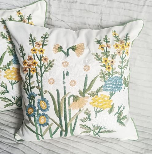 ZUODUTEX Funda de cojín bordada de margaritas pequeñas, 45 x 45 cm, funda de cojín de flores beige, 45 x 45 cm, protector de cojín de crisantemo bordado crema (beige)