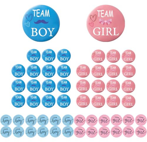 Pines de Revelación de Género Niño Y Equipo Niña Botón 48 Decoración Revelación de Género 24 Botón de Revelación de Género + 24 Pegatina de Revelación de Género para Baby Shower y Juegos de Fiesta